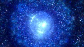 abstrakt trogen lysande blå ljus runda sfär kosmisk stjärna från magi hög tech energi på Plats galax bakgrund. abstrakt bakgrund. video i hög kvalitet 4k, rörelse design