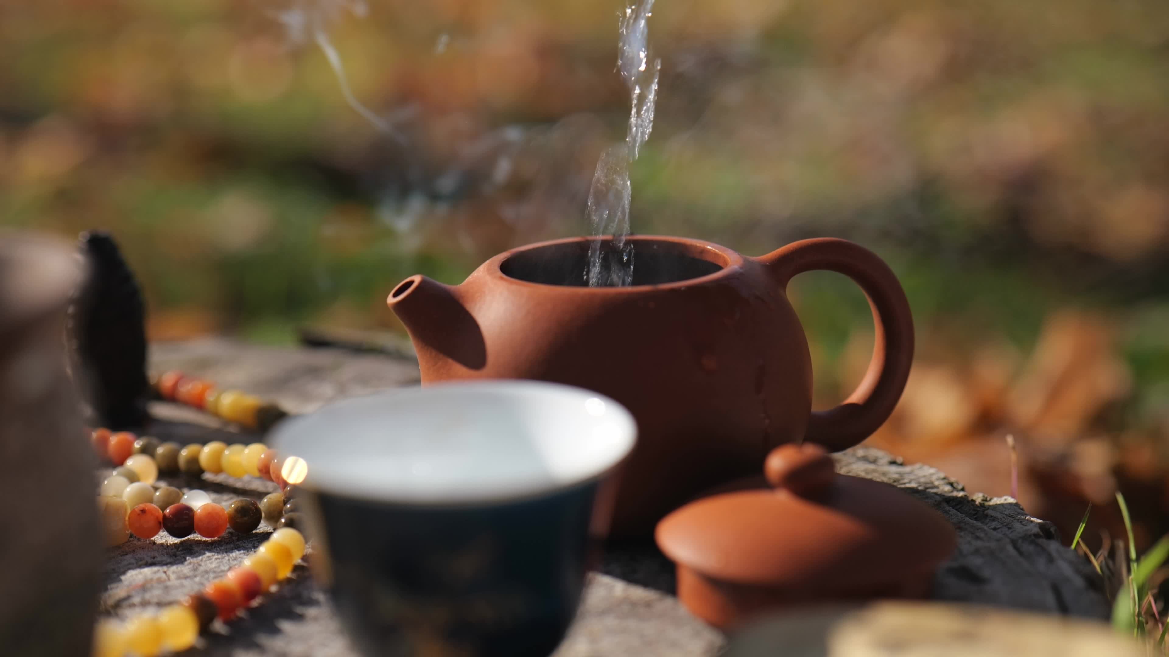 boiling water is poured from a thermos into a clay teapot 17562818