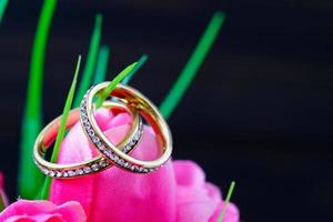 Wedding ring resting in a fake pink tulip flower photo