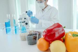 Scientist check chemical food residues in laboratory. Control experts inspect quality of fruits, vegetables. lab, hazards, ROHs, find prohibited substances, contaminate, Microscope, Microbiologist photo