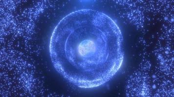 abstrakte runde blaue Kugel leuchtendes magisches Energiemolekül mit Atomen aus Teilchen und Punkten kosmisch. abstrakter Hintergrund. Video 4k, Bewegungsdesign