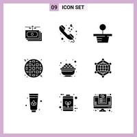 conjunto de 9 iconos modernos de la interfaz de usuario símbolos signos para el tazón de comida llamada telefónica comida rápida waffle elementos de diseño vectorial editables vector