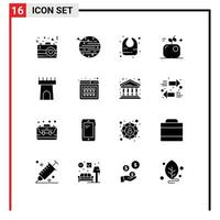 Mobile Interface Solid Glyph Set of 16 Pictograms of castle science earth food apple Editable Vector Design Elements