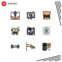 Group of 9 Modern Filledline Flat Colors Set for graph ecommerce search public transport bus Editable Vector Design Elements
