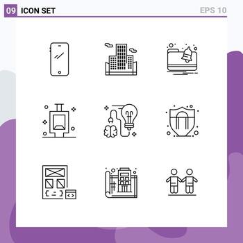 Editable Vector Line Pack of 9 Simple Outlines of bulb storming alert brain bath Editable Vector Design Elements