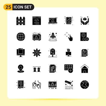 Set of 25 Commercial Solid Glyphs pack for notebook book html synchronization link Editable Vector Design Elements