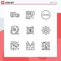 Universal Icon Symbols Group of 9 Modern Outlines of increase document film sign contract Editable Vector Design Elements