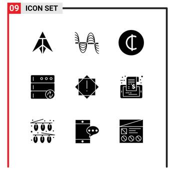 grupo de 9 signos y símbolos de glifos sólidos para elementos de diseño vectorial editables de base de datos de sincronización de sonido de alerta de advertencia vector