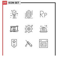 Pack of 9 Modern Outlines Signs and Symbols for Web Print Media such as gear sync programing link communication Editable Vector Design Elements