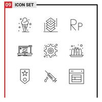 Pack of 9 Modern Outlines Signs and Symbols for Web Print Media such as gear sync programing link communication Editable Vector Design Elements