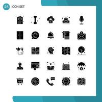 User Interface Pack of 25 Basic Solid Glyphs of record mic network broadcast cube Editable Vector Design Elements