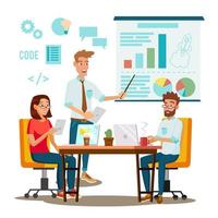 Team Work Brainstorming Vector. Presentation Of The Project. Innovation Idea Discussion People. Designer, Programmer. Global Planning. Flat Isolated Cartoon Illustration vector