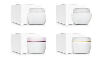 Cream Jar Packaging Template Set Vector. White Paper Or Cardboard Box. Organic Product Design. Blank Cosmetic Jars. Natural Cosmetics Packaging Illustration.