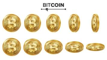 Bitcoin 3D Gold Coins Vector Set. Realistic. Flip Different Angles. Digital Currency Money. Cryptography Finance Coin Icons, Sign. Currency Isolated On White