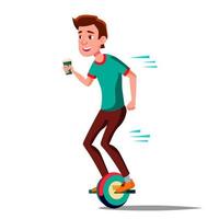 Teen Boy On Hoverboard Vector. Riding On Gyro Scooter. One-Wheel Electric Self-Balancing Scooter. Positive Person. Isolated Illustration vector