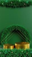 golden christmas 3d podium decorated with lots of wreath and colorful lights on green background photo