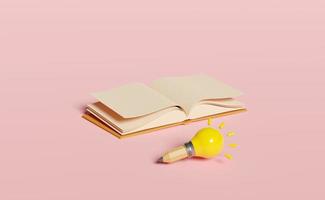 yellow light bulb with pencil, open book isolated on pink background. idea tip education, knowledge creates ideas concept, minimal abstract, 3d illustration, 3d render photo