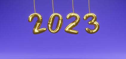 2023 text red balloons, shining font type set lilac color background. 3d work photo