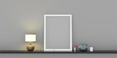 empty frame inside building Picture frame mockup in room and shelves with plants and decorations 3D illustration photo