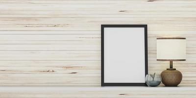 empty frame inside building Picture frame mockup in room and shelves with plants and decorations 3D illustration photo