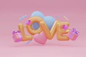 Happy Valentine's Day. Festive decorative objects, heart shaped balloons and Love letter. 3d rendering photo