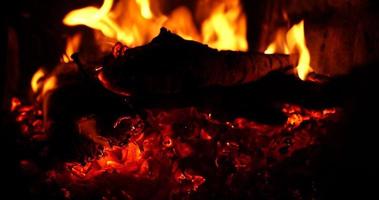 calor do fogo ardente, mão, alisa as brasas vermelhas com um pedaço de pau no forno video