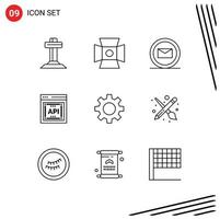 Set of 9 Vector Outlines on Grid for gear romz email software api concept Editable Vector Design Elements