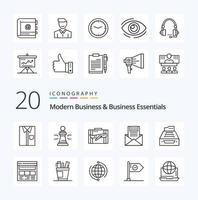 20 paquetes de iconos de línea de negocios modernos y elementos esenciales de negocios como estrategia de viaje de ventaja de equipaje de caso vector