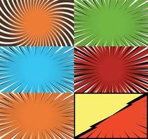 Comic book colorful frames background with halftone rays radial and dotted effects pop art style vector