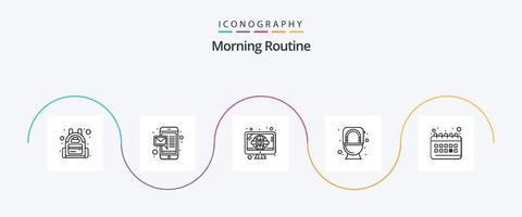 Morning Routine Line 5 Icon Pack Including routine. clock. television. calendar. flush vector