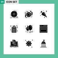 Universal Icon Symbols Group of 9 Modern Solid Glyphs of moon business planning plate business network vegetable Editable Vector Design Elements