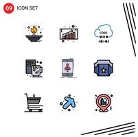 Set of 9 Vector Filledline Flat Colors on Grid for game coffee cloud process programming Editable Vector Design Elements