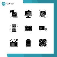 Set of 9 Vector Solid Glyphs on Grid for movie shopping dessert online shop buy Editable Vector Design Elements