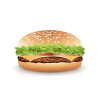 Fast Food Realistic Burger Vector. Hamburger Fast Food Sandwich Emblem Realistic Isolated On White Background Illustration vector