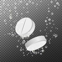 Soluble Drug With Fizzy Isolated On Checkered Background. Vector Illustration. Vitamin In Water Effervescent, Three Dissolving Tablets. 3D Realistic Illustration