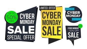 Cyber Monday Sale Banner Set Vector. Discount Tag, Special Monday Offer Banners. November Good Deal Promotion. Discount And Promotion. Half Price Cyber Stickers. Isolated Illustration vector