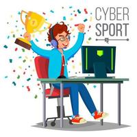 Cyber Sport Player Vector. Playing Computer Game. Professional Gamer. Event. Competition. Game Strategist. Isolated On White Cartoon Character Illustration vector