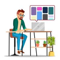 Graphic Designer Working Vector. Man Searching For References On Popular Creative Web Site. Freelance Concept. Isolated Illustration vector