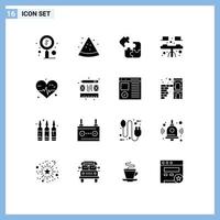 Set of 16 Modern UI Icons Symbols Signs for heart interior business dining square Editable Vector Design Elements