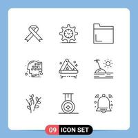 Pack of 9 Modern Outlines Signs and Symbols for Web Print Media such as road accident file recognition code Editable Vector Design Elements