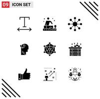 9 User Interface Solid Glyph Pack of modern Signs and Symbols of spa learning web language head Editable Vector Design Elements