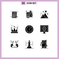 9 Universal Solid Glyphs Set for Web and Mobile Applications clock king seo empire mission Editable Vector Design Elements