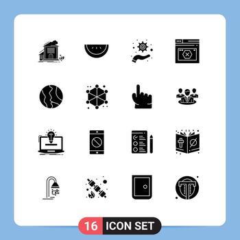 16 glifos sólidos universales establecidos para aplicaciones web y móviles mapean errores de optimización global elementos de diseño de vectores editables web