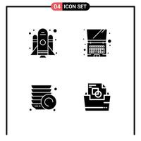 Set of 4 Commercial Solid Glyphs pack for rocket document computer kitchen file folder Editable Vector Design Elements