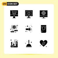 Pack of 9 Modern Solid Glyphs Signs and Symbols for Web Print Media such as back right media left gear Editable Vector Design Elements