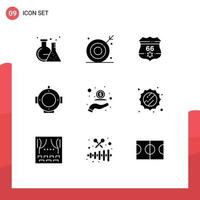 Set of 9 Commercial Solid Glyphs pack for cash helm shooting diving usa Editable Vector Design Elements