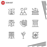 Group of 9 Outlines Signs and Symbols for colander shield business protection internet Editable Vector Design Elements