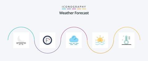 Paquete de 5 íconos de clima plano que incluye. termómetro. nube. la temperatura. puesta de sol vector