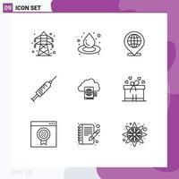 Universal Icon Symbols Group of 9 Modern Outlines of reading shot globe needle injection Editable Vector Design Elements
