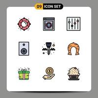 Mobile Interface Filledline Flat Color Set of 9 Pictograms of equipment speaker safety products devices Editable Vector Design Elements